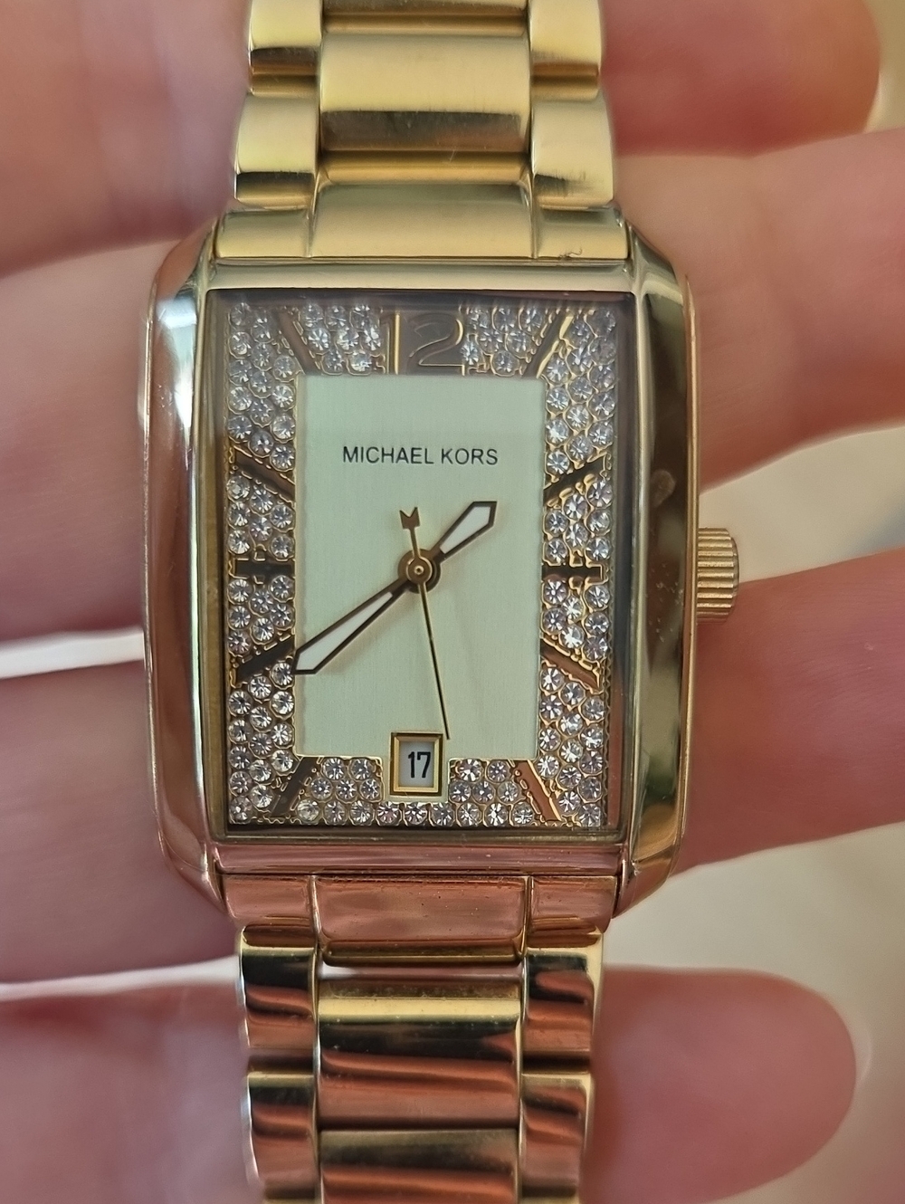 Michael Kors Gold-Tone Crystal Accent Rectangular Bracelet Watch
